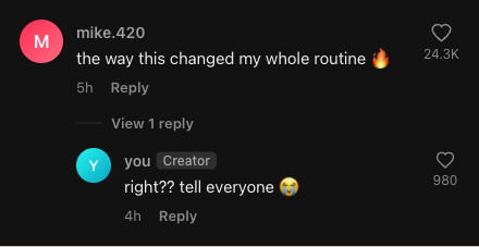 tiktok comment generator example — dark mode comment with a creator reply